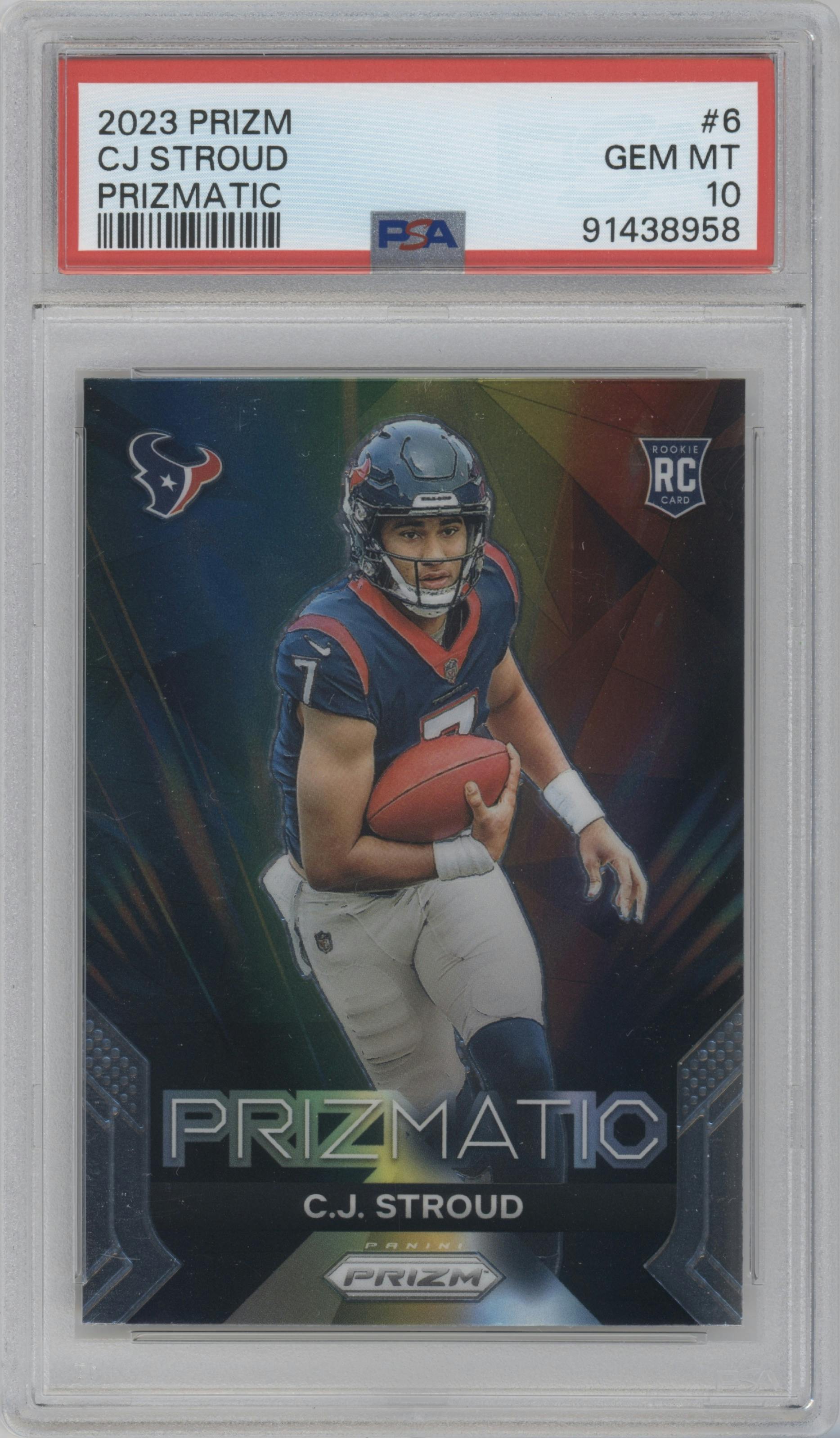C.J. Stroud from the 2023 Panini Prizm set graded by PSA and given an overall grade of 10.