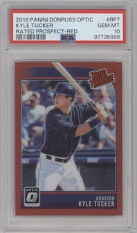 Kyle Tucker from the 2018 Panini Donruss Optic set featuring a Red parallel graded by PSA and given an overall grade of 10.