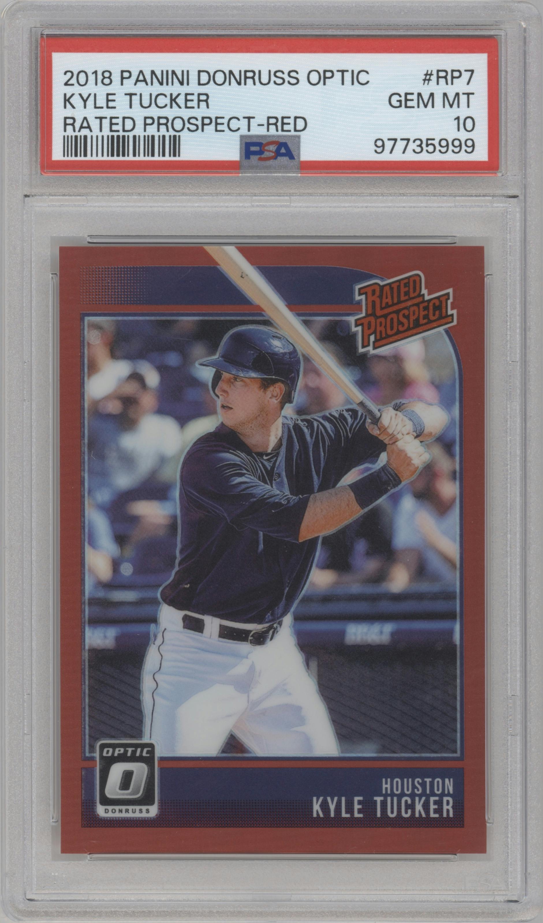 Kyle Tucker from the 2018 Panini Donruss Optic set featuring a Red parallel graded by PSA and given an overall grade of 10.