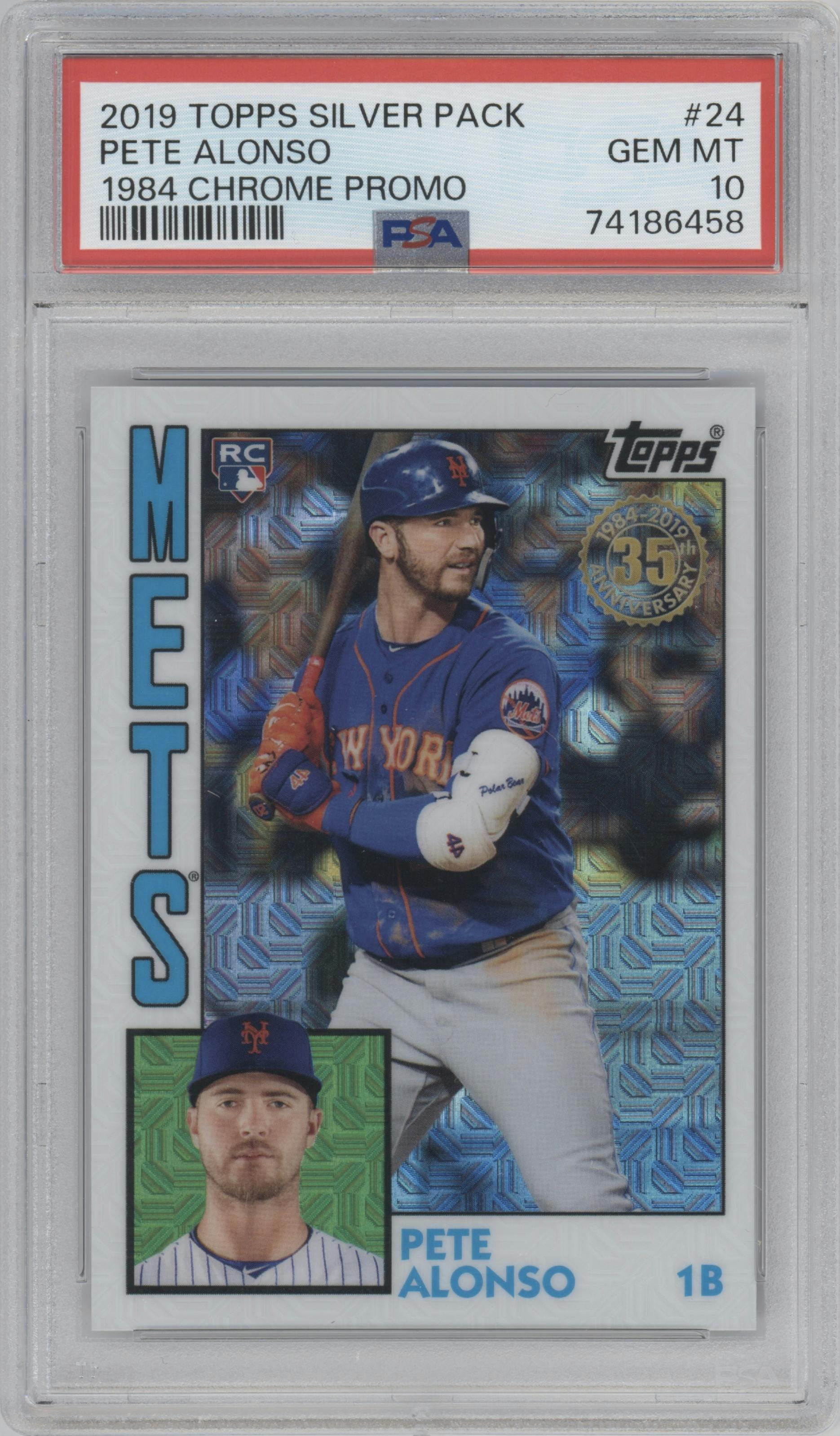 Pete Alonso from the 2019 Topps Silver Pack set graded by PSA and given an overall grade of 10.