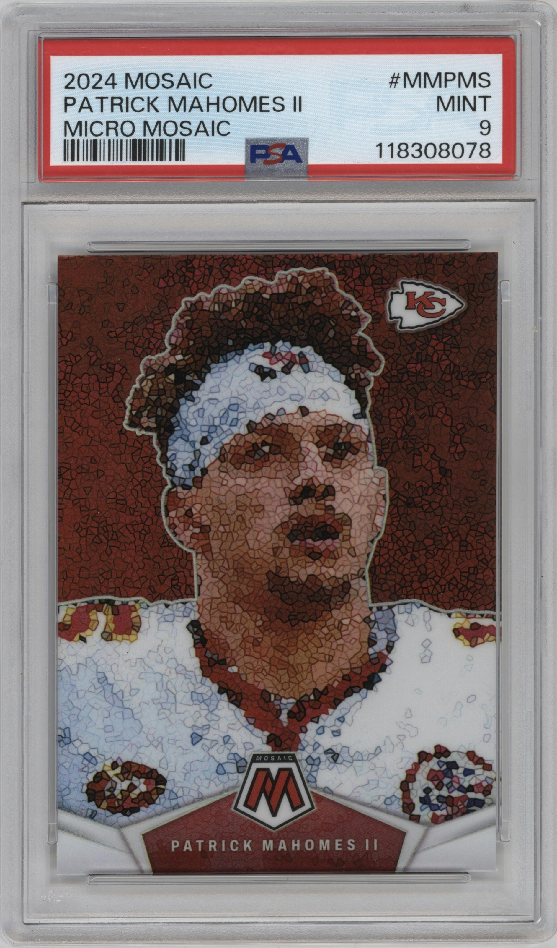 Patrick Mahomes II from the 2024 Panini Mosaic set graded by PSA and given an overall grade of 9.