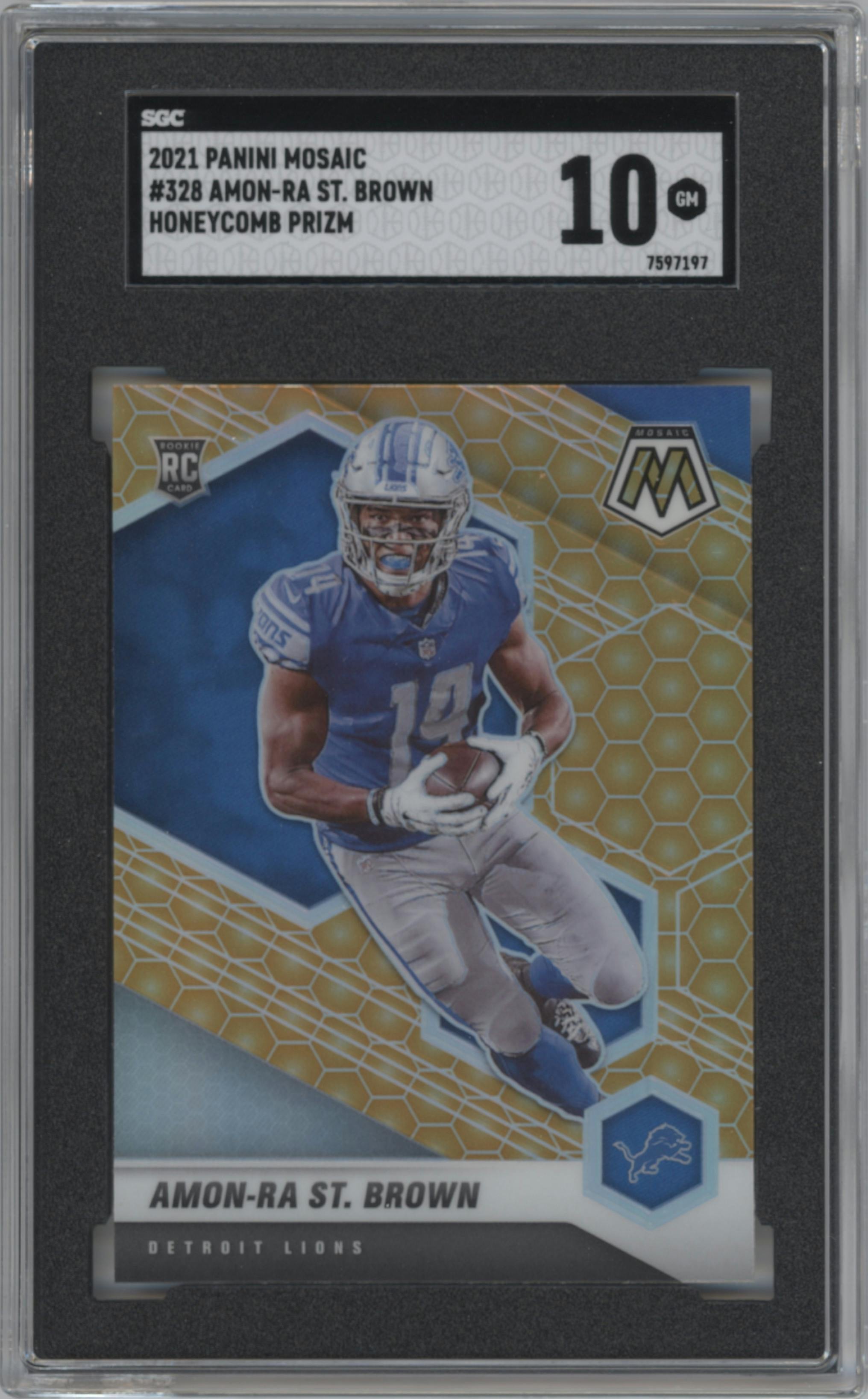 Amon-Ra St. Brown from the 2021 Panini Mosaic set featuring a Honeycomb parallel graded by SGC and given an overall grade of 10.
