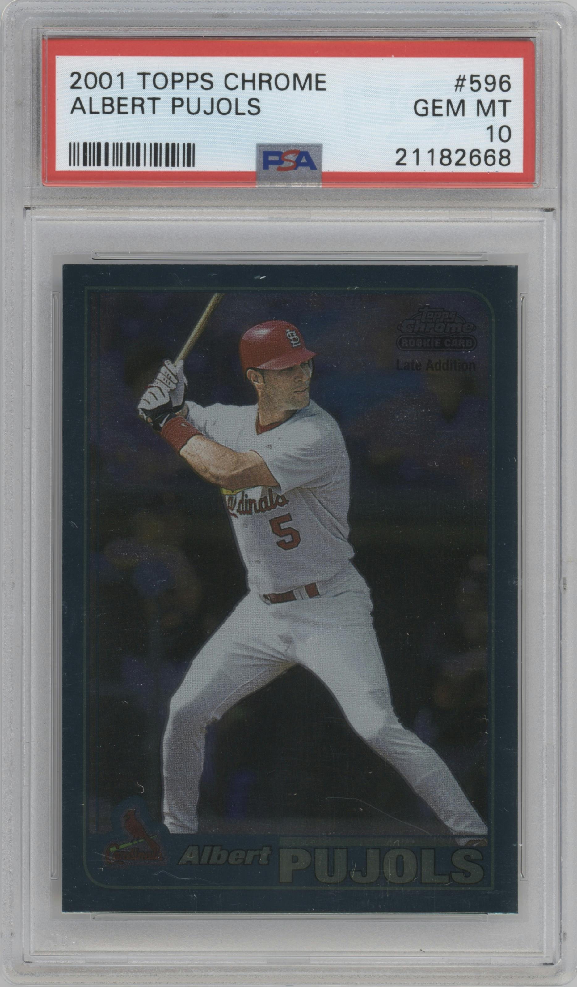 Albert Pujols from the 2001 Topps Chrome set graded by PSA and given an overall grade of 10.