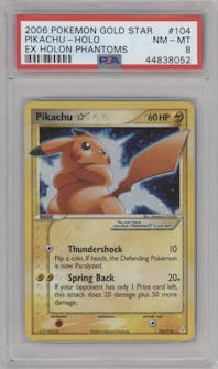 Pikachu Gold Star from the 2006 Pokemon EX set graded by PSA and given an overall grade of 8.