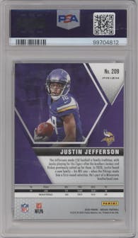 Justin Jefferson from the 2020 Panini Mosaic set featuring a Reactive Gold parallel graded by PSA and given an overall grade of 10.
