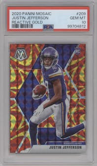 Justin Jefferson from the 2020 Panini Mosaic set featuring a Reactive Gold parallel graded by PSA and given an overall grade of 10.