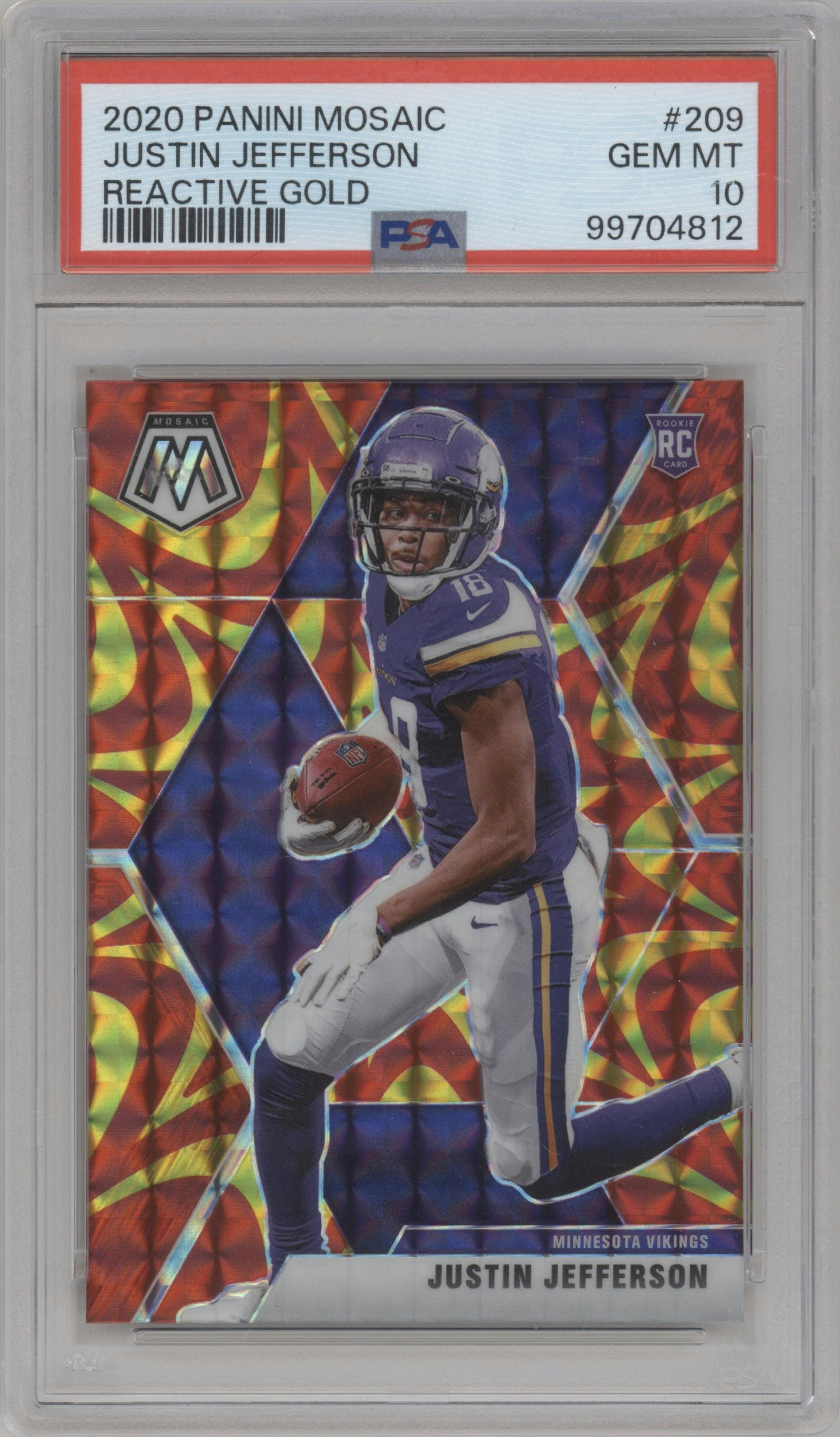 Justin Jefferson from the 2020 Panini Mosaic set featuring a Reactive Gold parallel graded by PSA and given an overall grade of 10.