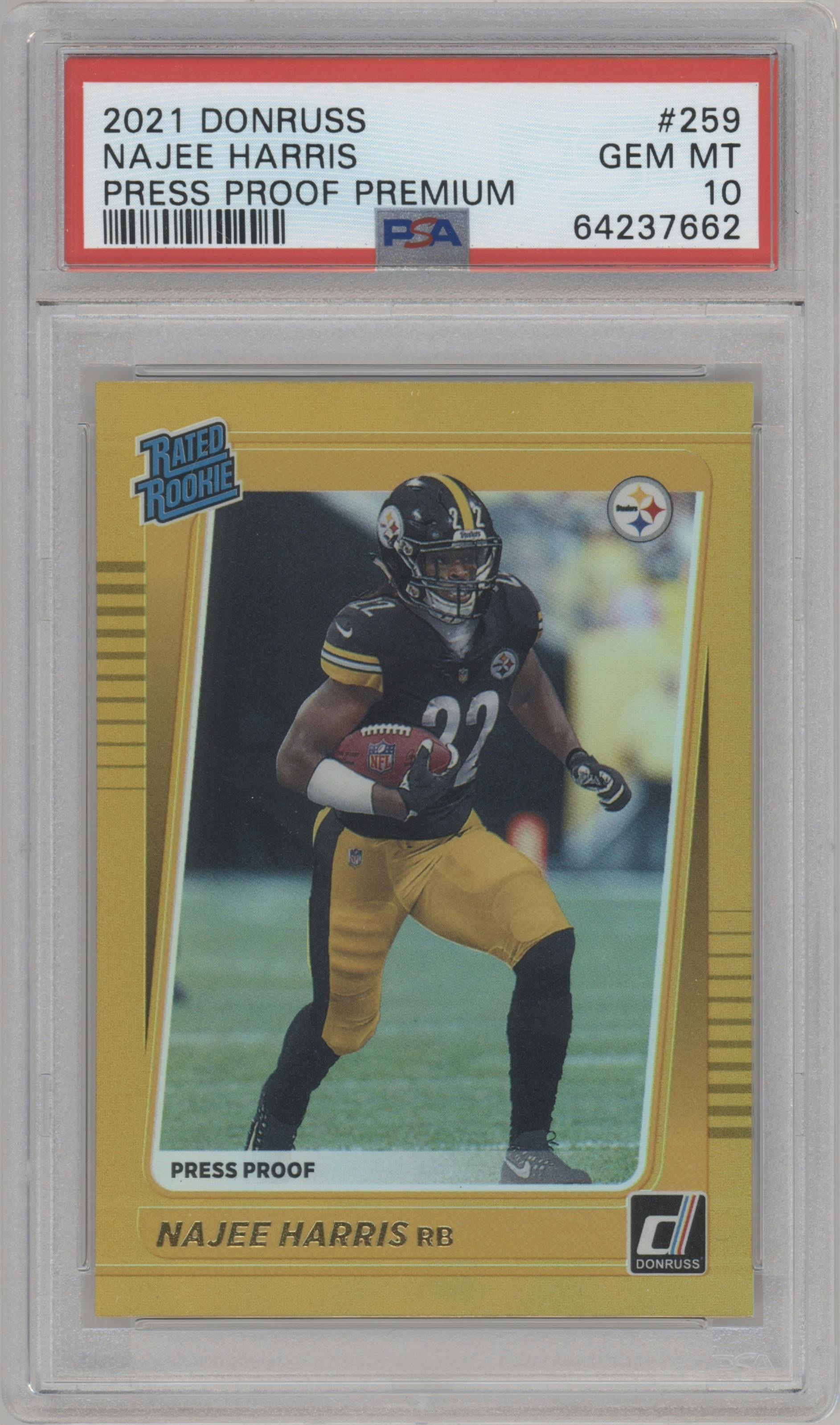 Najee Harris from the 2021 Panini Donruss set featuring a Press Proof Premium parallel graded by PSA and given an overall grade of 10.