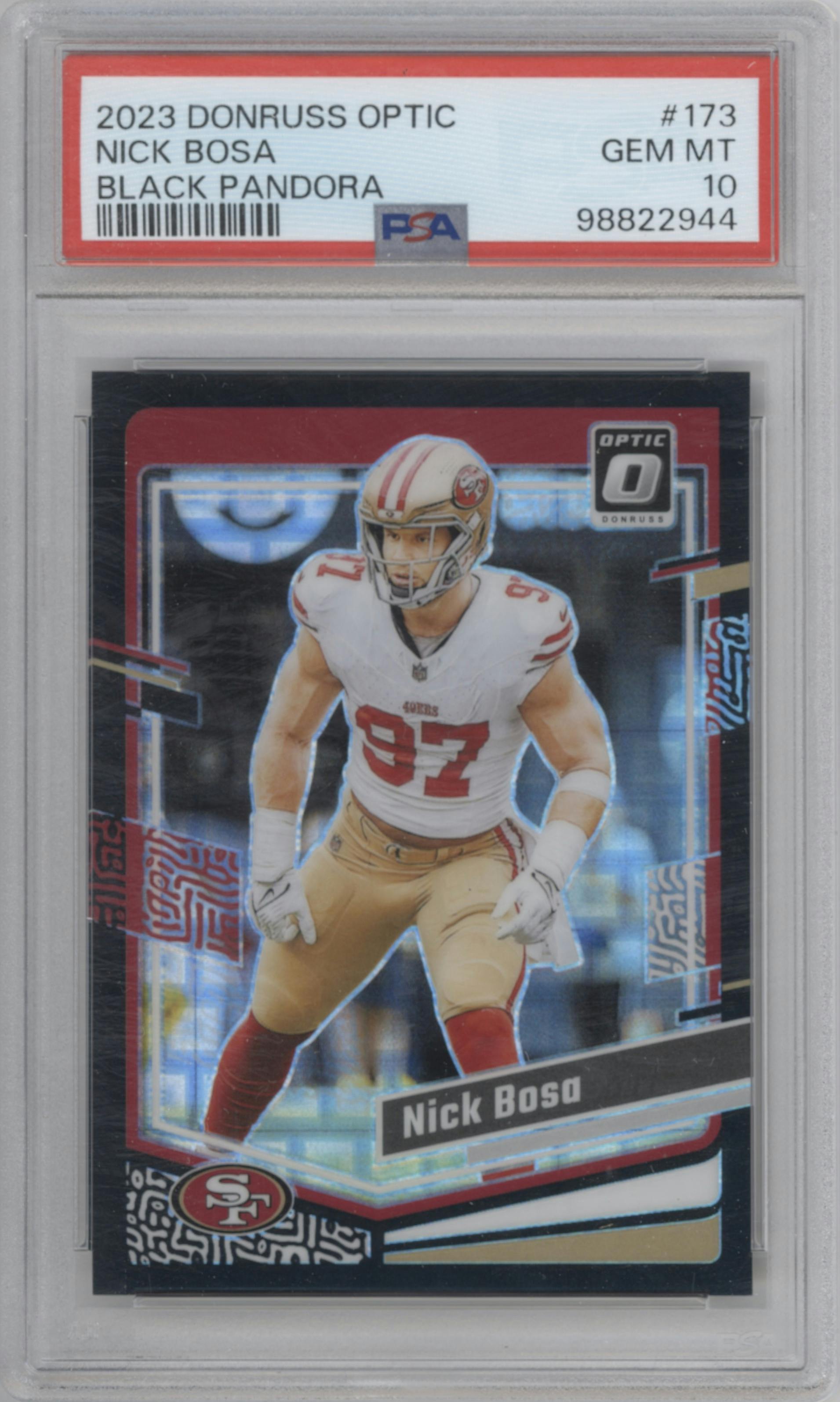 Nick Bosa from the 2023 Donruss Optic set featuring a Black Pandora parallel graded by PSA and given an overall grade of 10.
