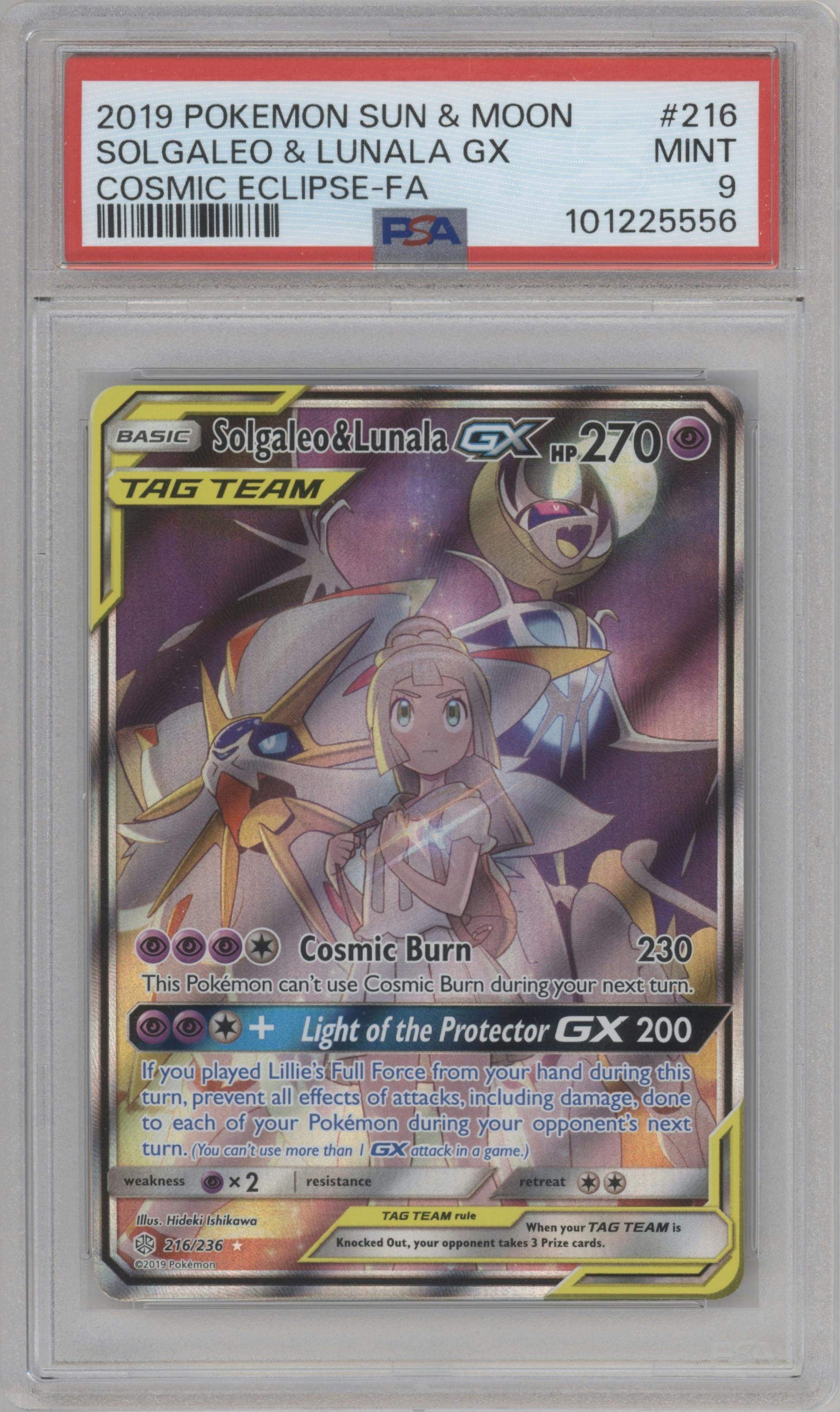 Solgaleo & Lunala GX from the 2019 Pokemon S&M  set graded by PSA and given an overall grade of 9.