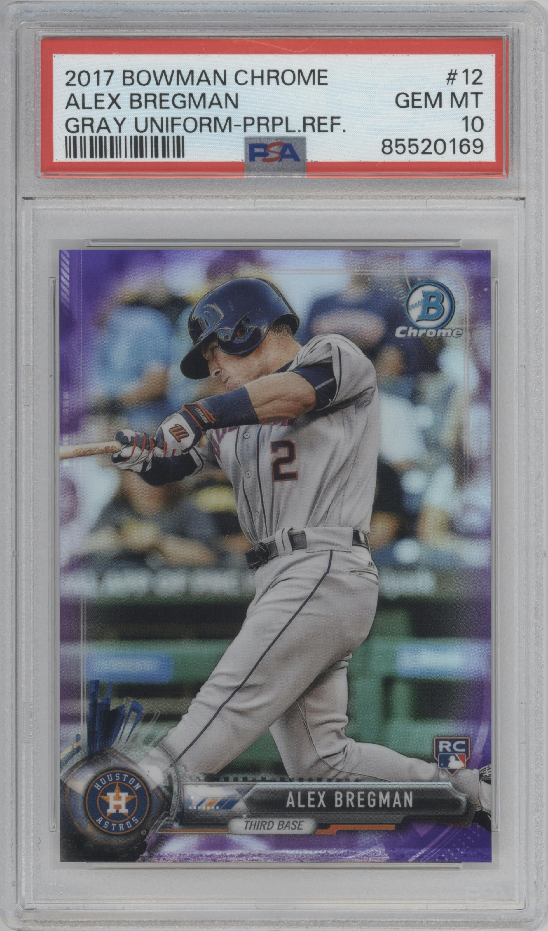Alex Bregman from the 2017 Bowman Chrome set featuring a Purple Refractor parallel graded by PSA and given an overall grade of 10.