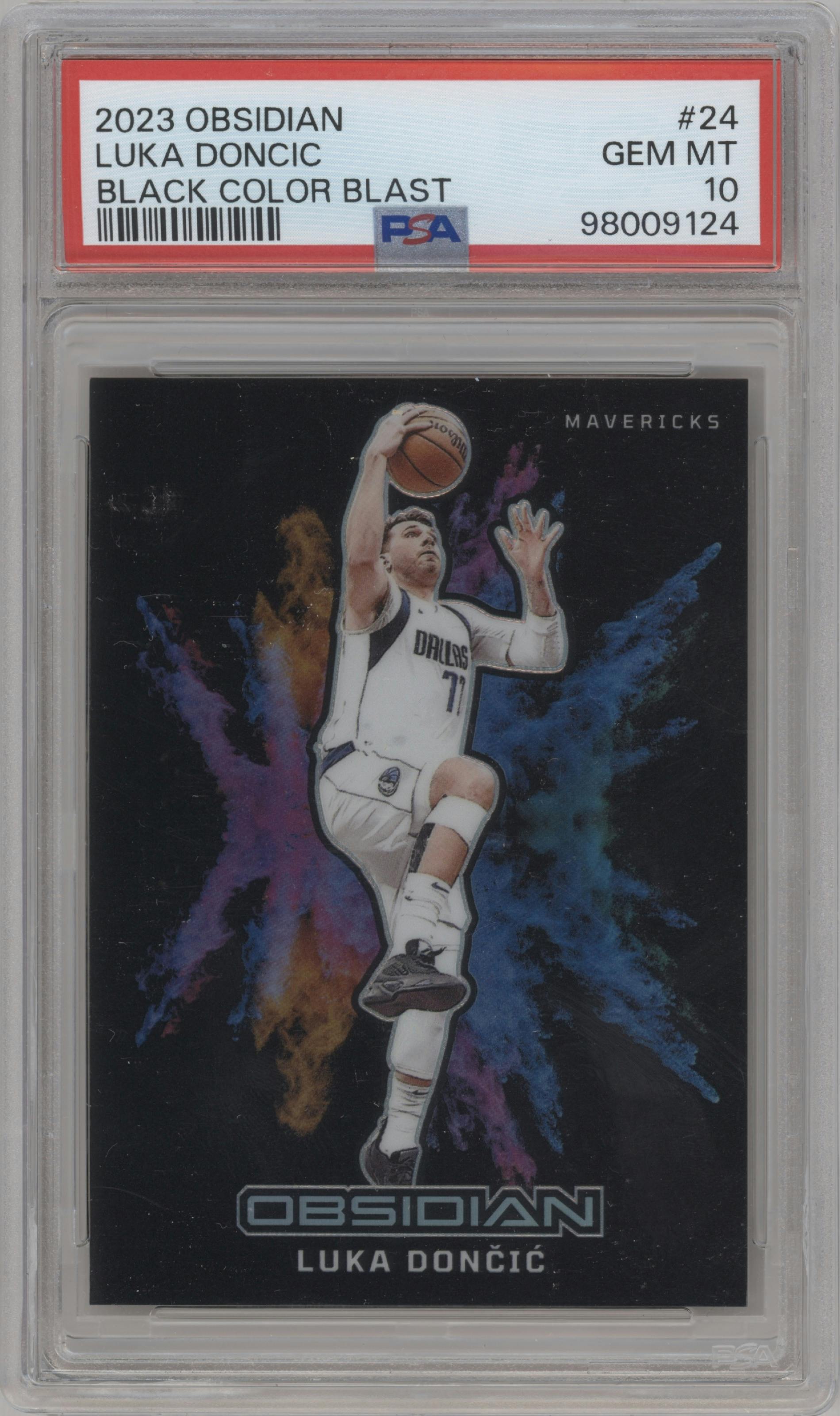 Luka Doncic from the 2023-24 Panini Obsidian set graded by PSA and given an overall grade of 10.