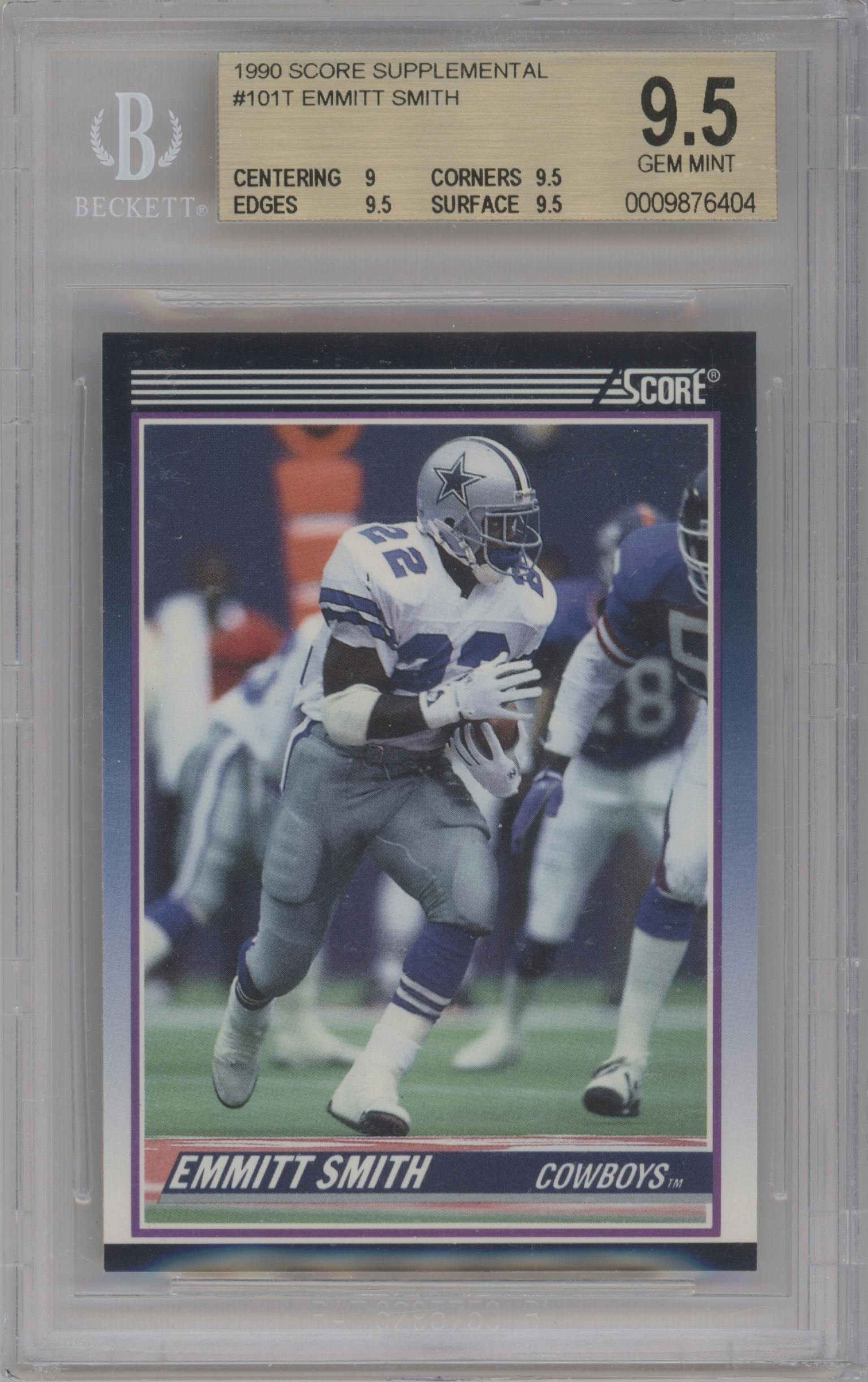 Emmitt Smith from the 1990 Score set graded by Beckett and given an overall grade of 9.5.