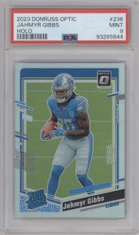 Jahmyr Gibbs from the 2023 Donruss Optic set featuring a Holo parallel graded by PSA and given an overall grade of 9.
