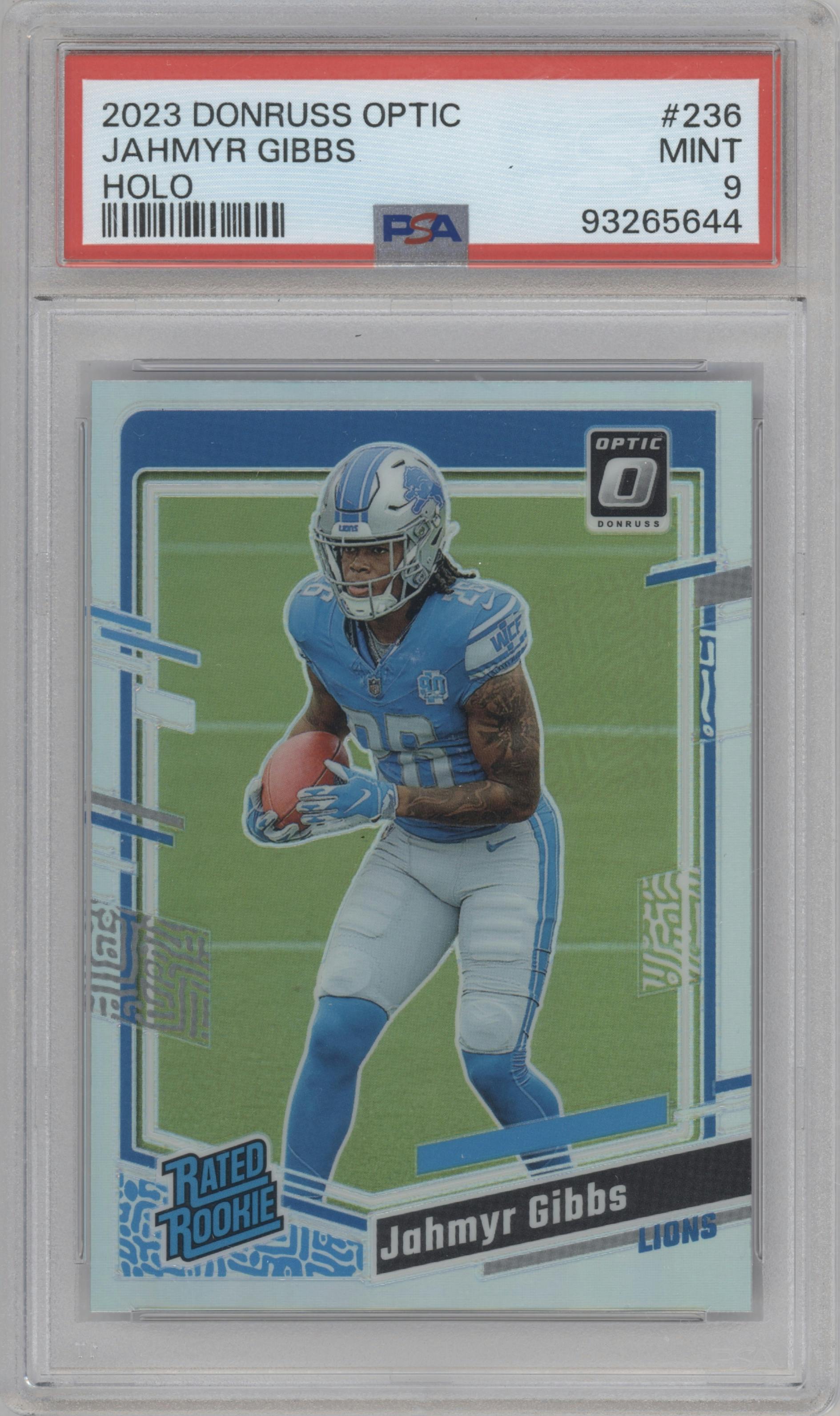 Jahmyr Gibbs from the 2023 Donruss Optic set featuring a Holo parallel graded by PSA and given an overall grade of 9.