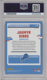 Jahmyr Gibbs from the 2023 Donruss Optic set featuring a Holo parallel graded by PSA and given an overall grade of 9.