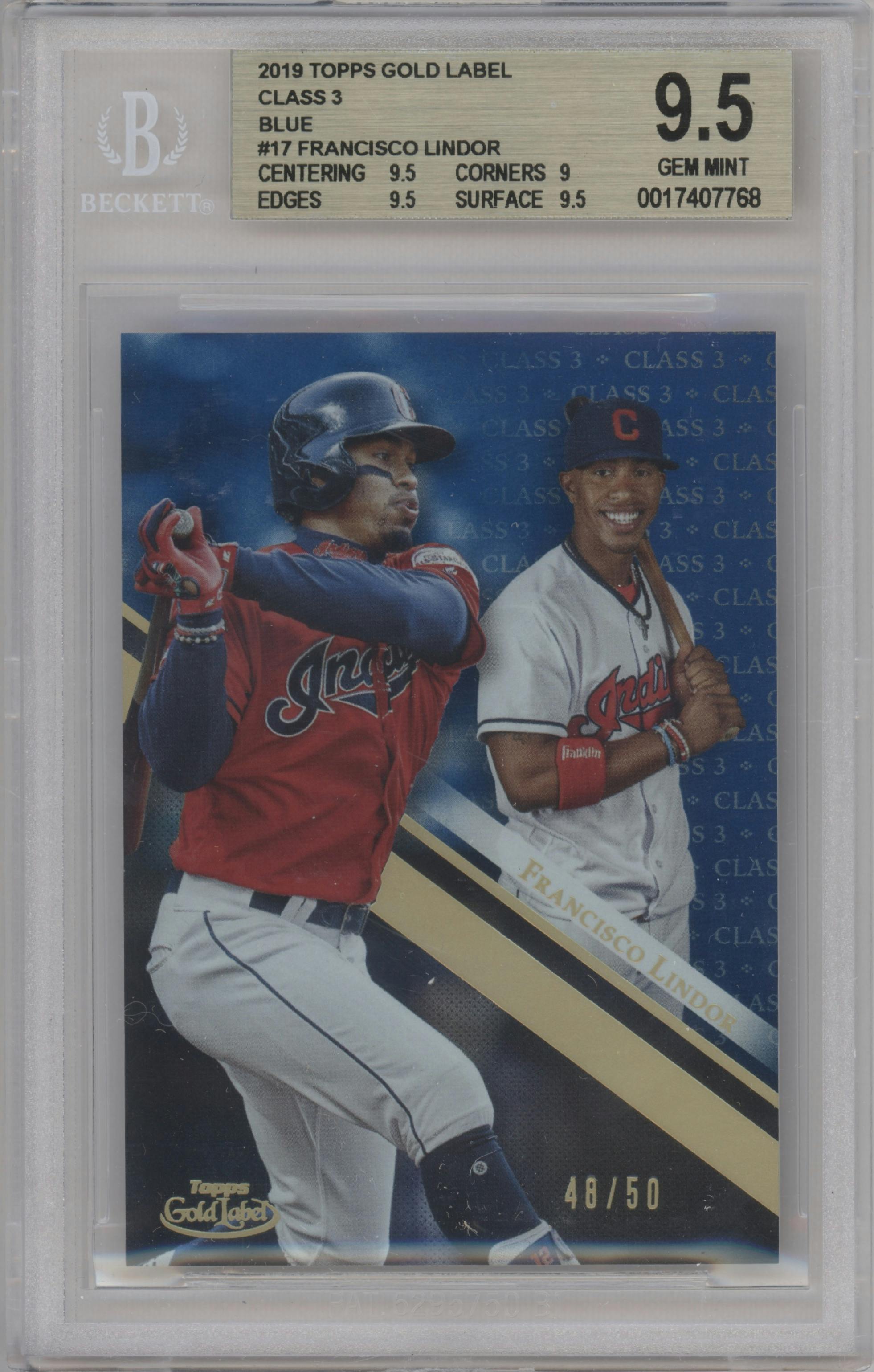 Francisco Lindor from the 2019 Topps Gold Label set featuring a Class 3 Blue parallel graded by Beckett and given an overall grade of 9.5.
