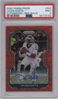 Jalen Hurts from the 2020 Panini Prizm set featuring a Red Wave parallel graded by PSA and given an overall grade of 9.