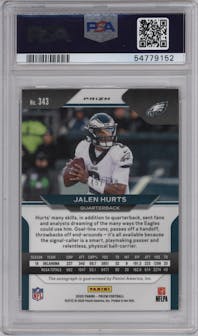 Jalen Hurts from the 2020 Panini Prizm set featuring a Red Wave parallel graded by PSA and given an overall grade of 9.