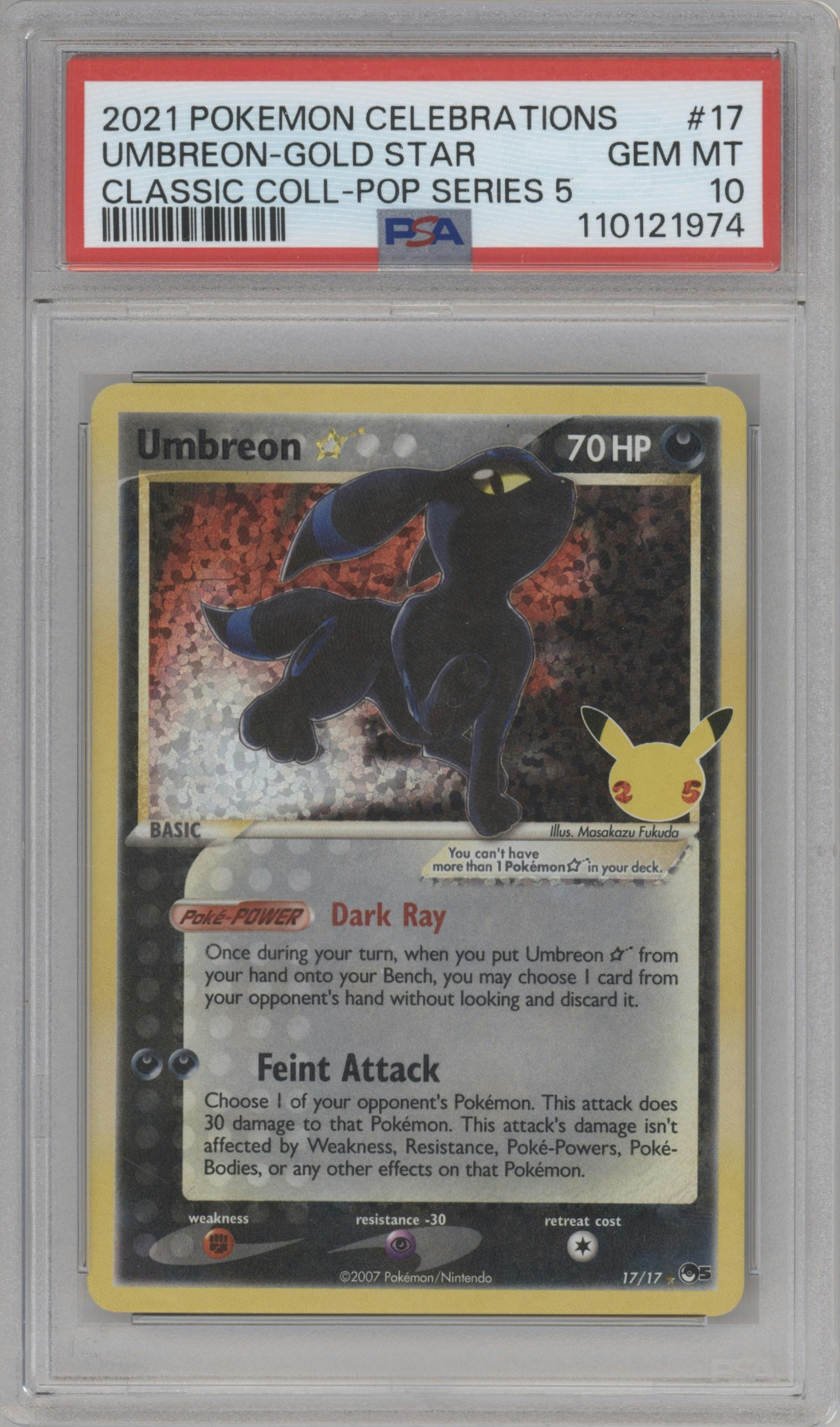 Umbreon Gold Star from the 2021 Pokemon SWSH set featuring a Pop Series 5 parallel graded by PSA and given an overall grade of 10.