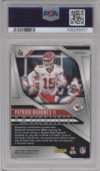Patrick Mahomes II from the 2024 Panini Prizm set featuring a Red White Blue Prizm parallel graded by PSA and given an overall grade of 10.