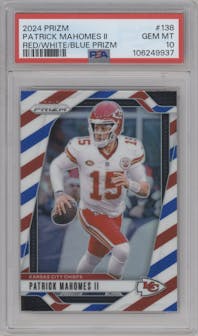Patrick Mahomes II from the 2024 Panini Prizm set featuring a Red White Blue Prizm parallel graded by PSA and given an overall grade of 10.