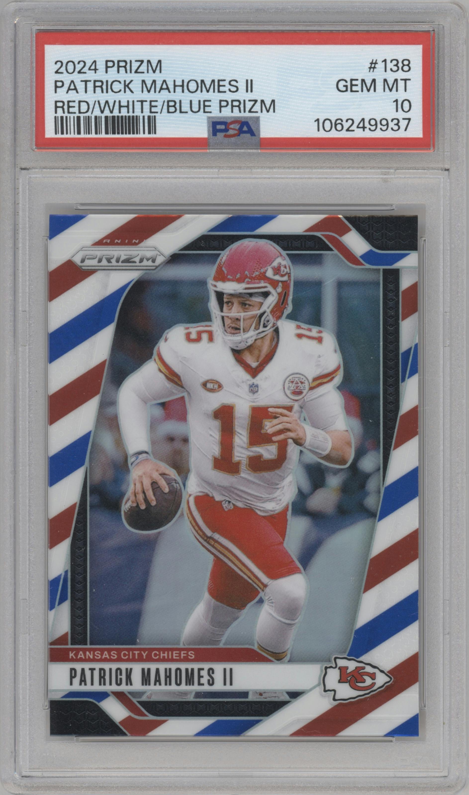 Patrick Mahomes II from the 2024 Panini Prizm set featuring a Red White Blue Prizm parallel graded by PSA and given an overall grade of 10.