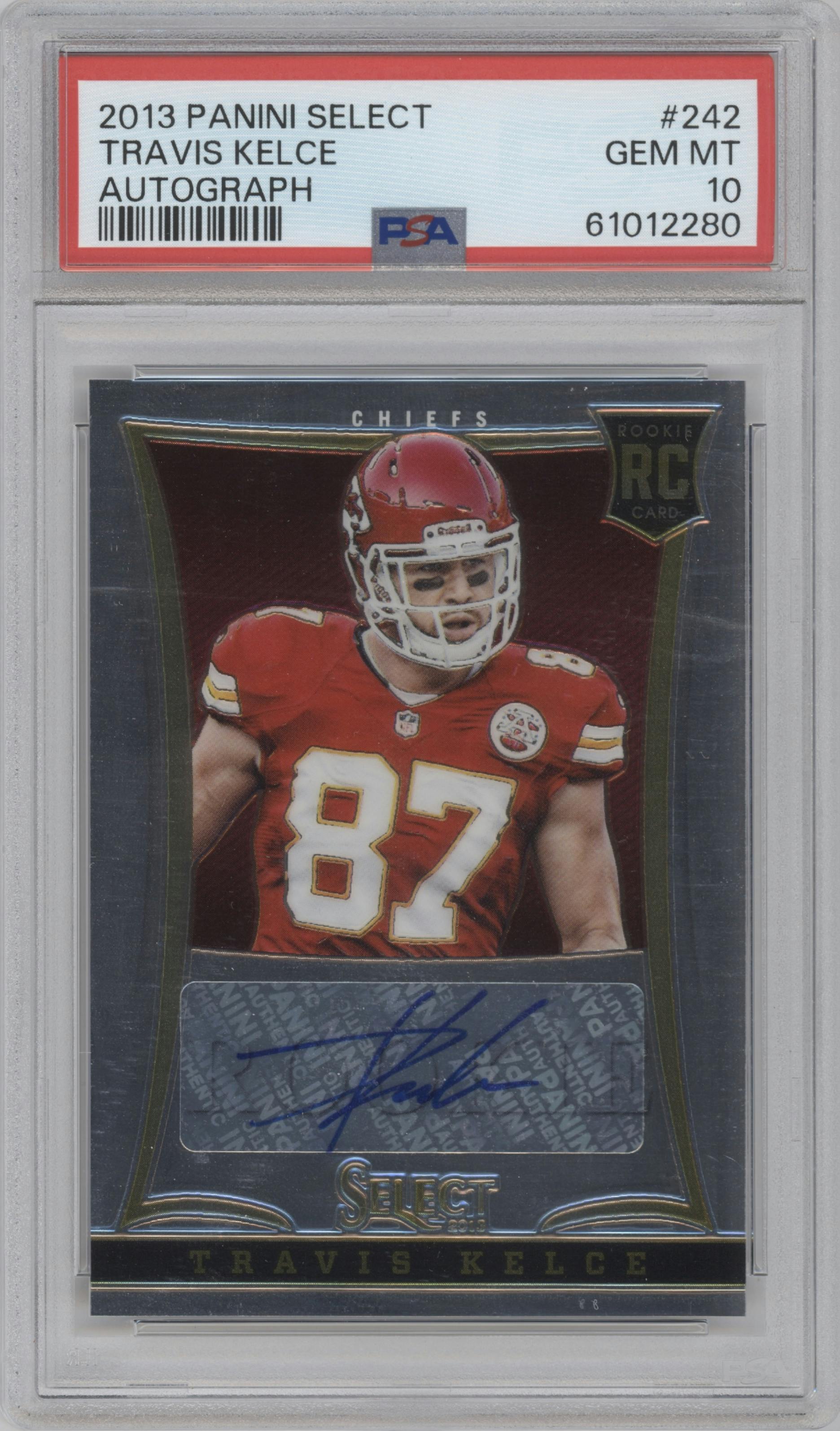 Travis Kelce from the 2013 Panini Select set graded by PSA and given an overall grade of 10.