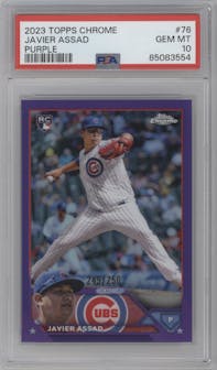 Javier Assad from the 2023 Topps Chrome set featuring a Purple Refractor parallel graded by PSA and given an overall grade of 10.