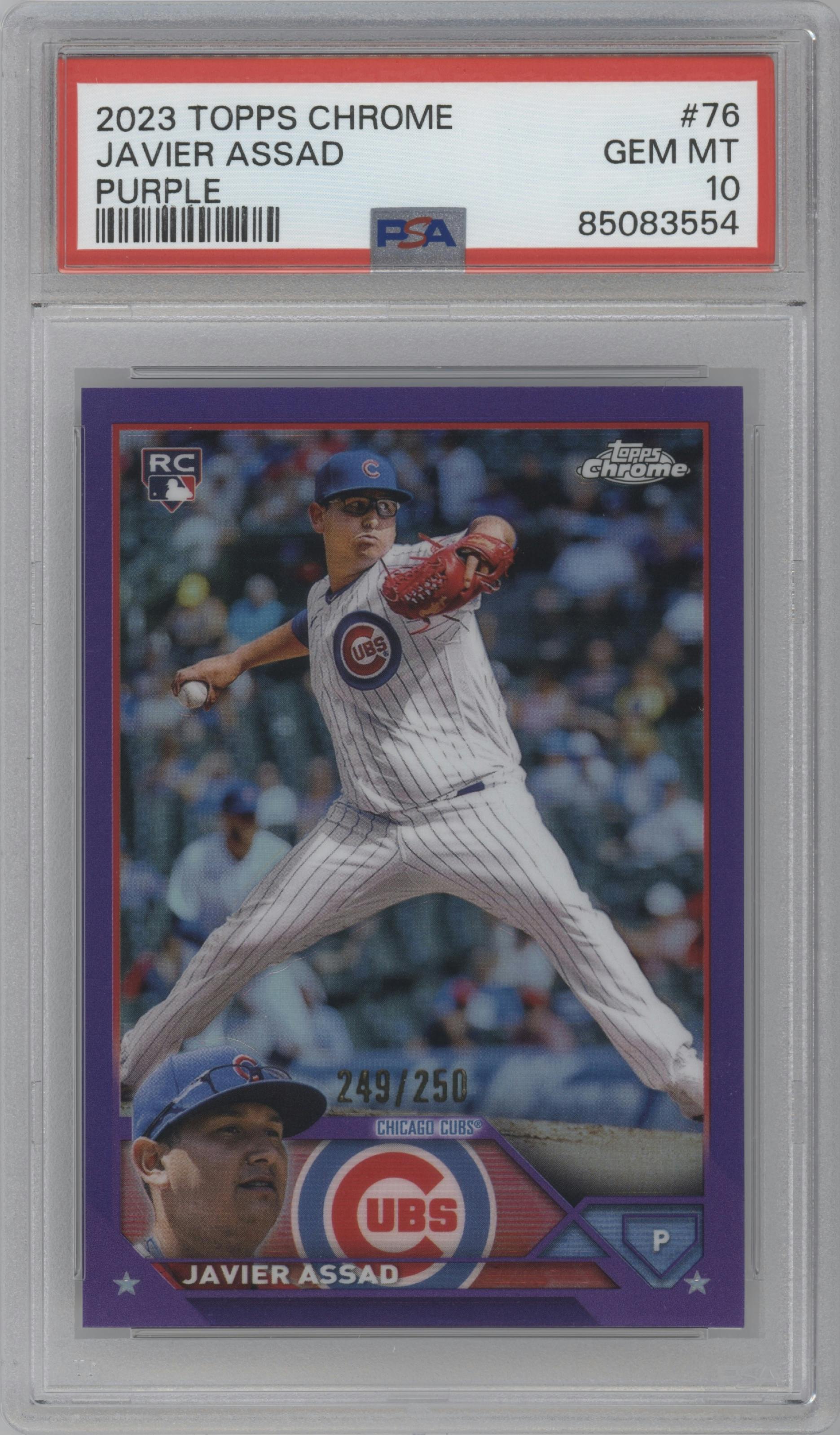 Javier Assad from the 2023 Topps Chrome set featuring a Purple Refractor parallel graded by PSA and given an overall grade of 10.