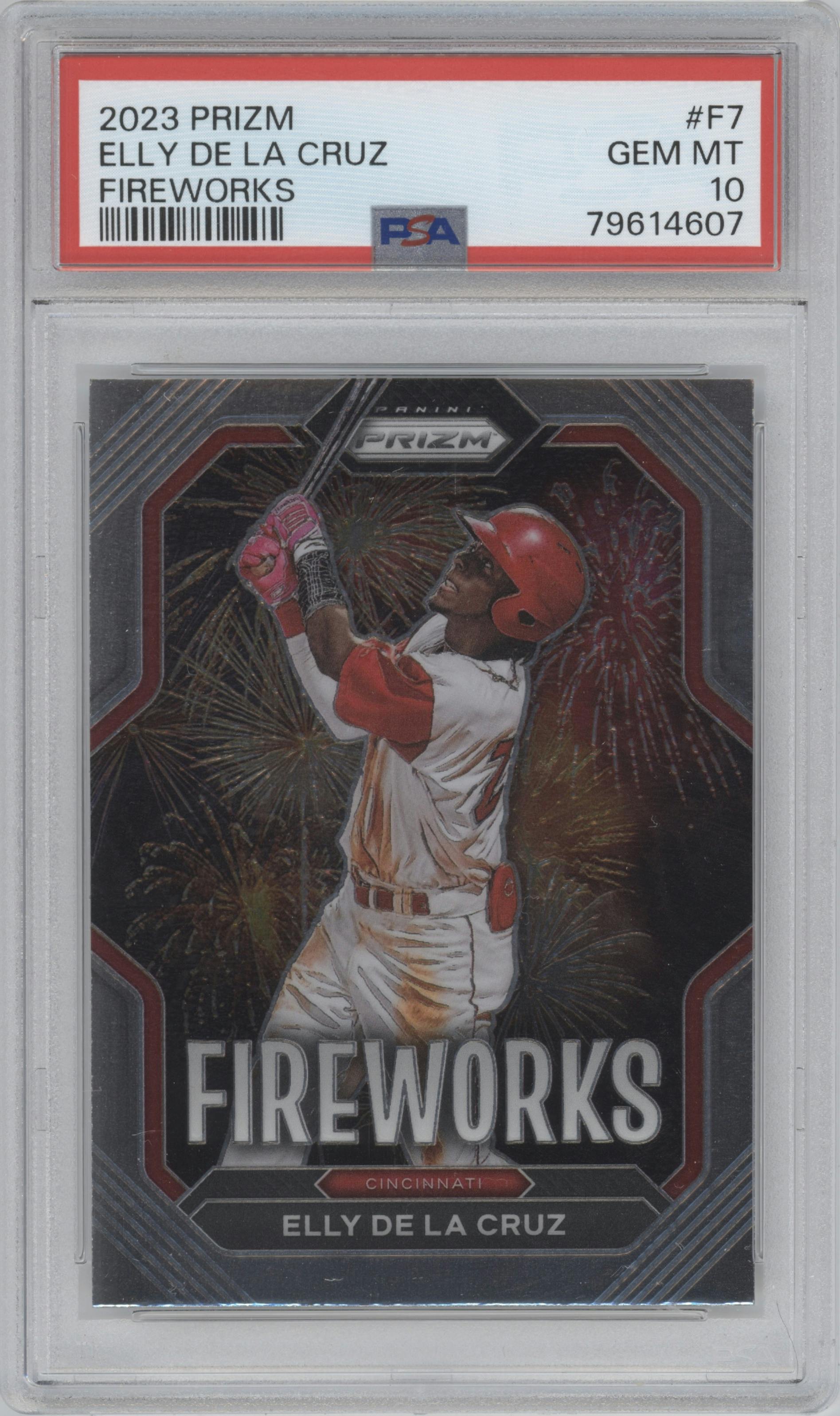 Elly De La Cruz from the 2023 Panini Prizm set graded by PSA and given an overall grade of 10.