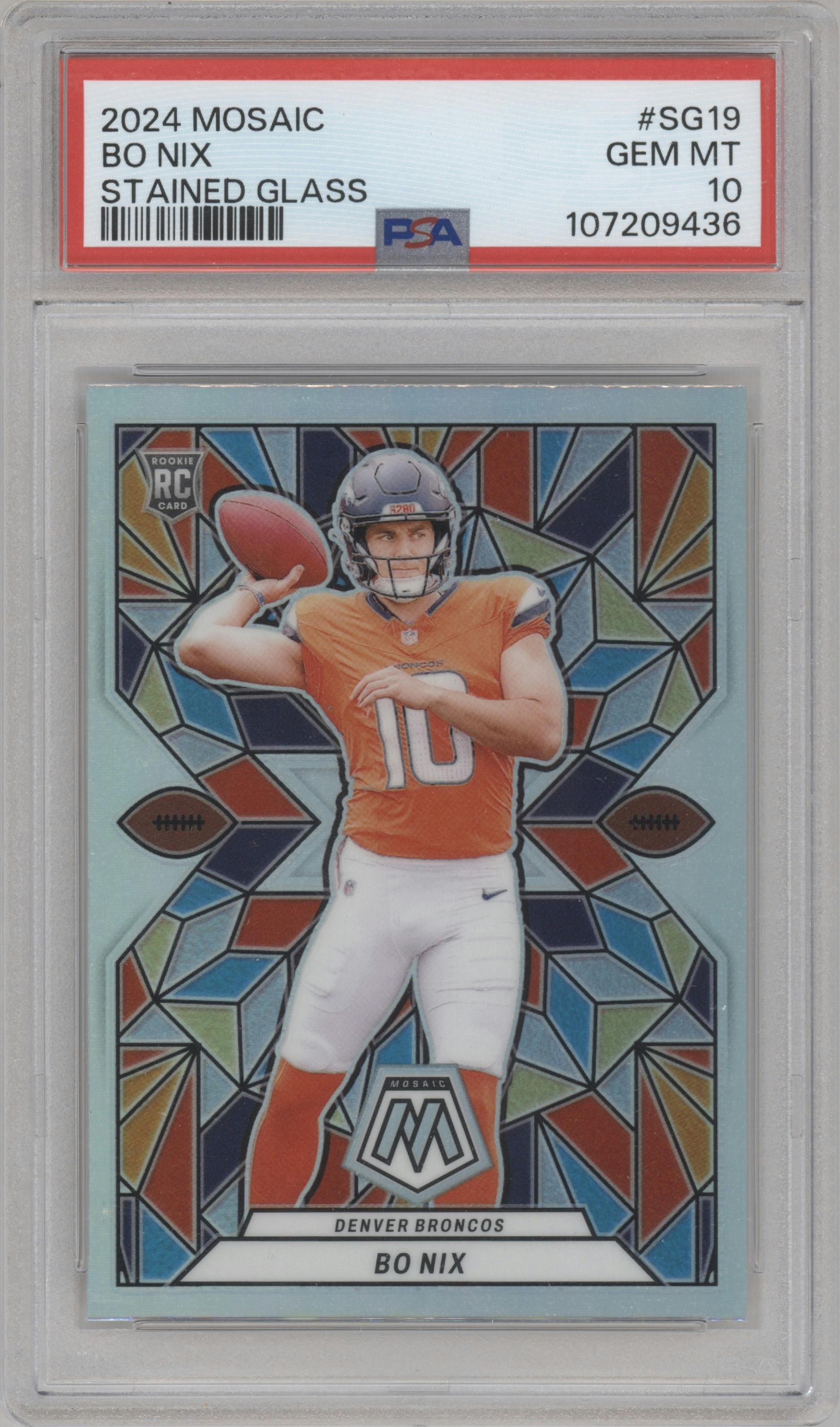 Bo Nix from the 2024 Panini Mosaic set graded by PSA and given an overall grade of 10.