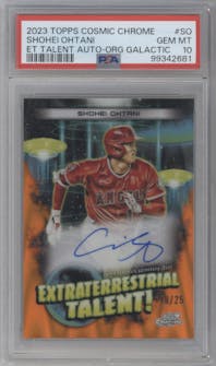 Shohei Ohtani from the 2023 Topps Cosmic Chrome set featuring a Orange Galactic Refractor parallel graded by PSA and given an overall grade of 10.