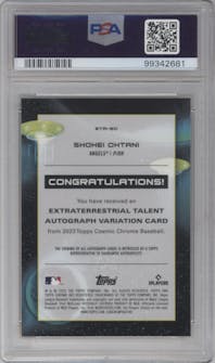 Shohei Ohtani from the 2023 Topps Cosmic Chrome set featuring a Orange Galactic Refractor parallel graded by PSA and given an overall grade of 10.