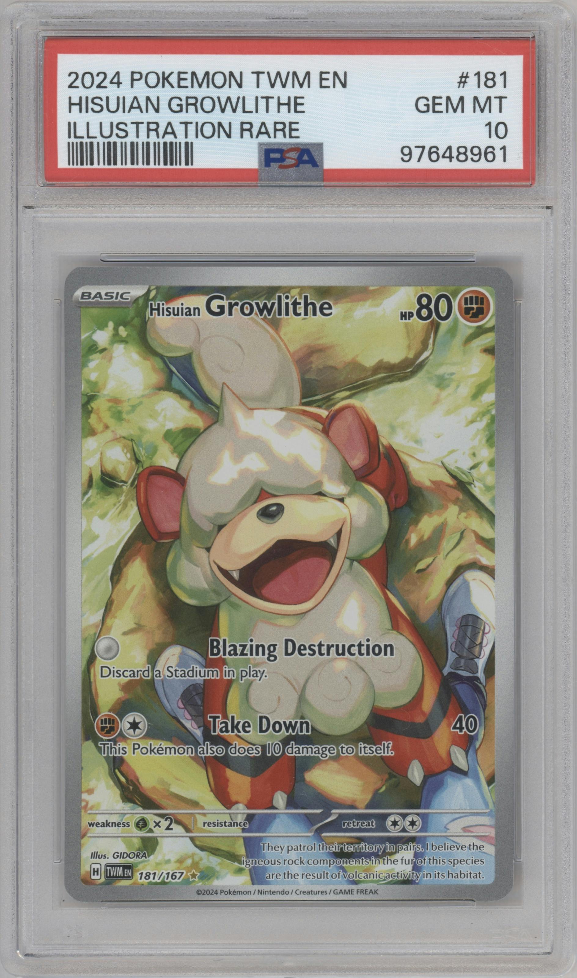 Hisuian Growlithe from the 2024 Pokemon SV set graded by PSA and given an overall grade of 10.