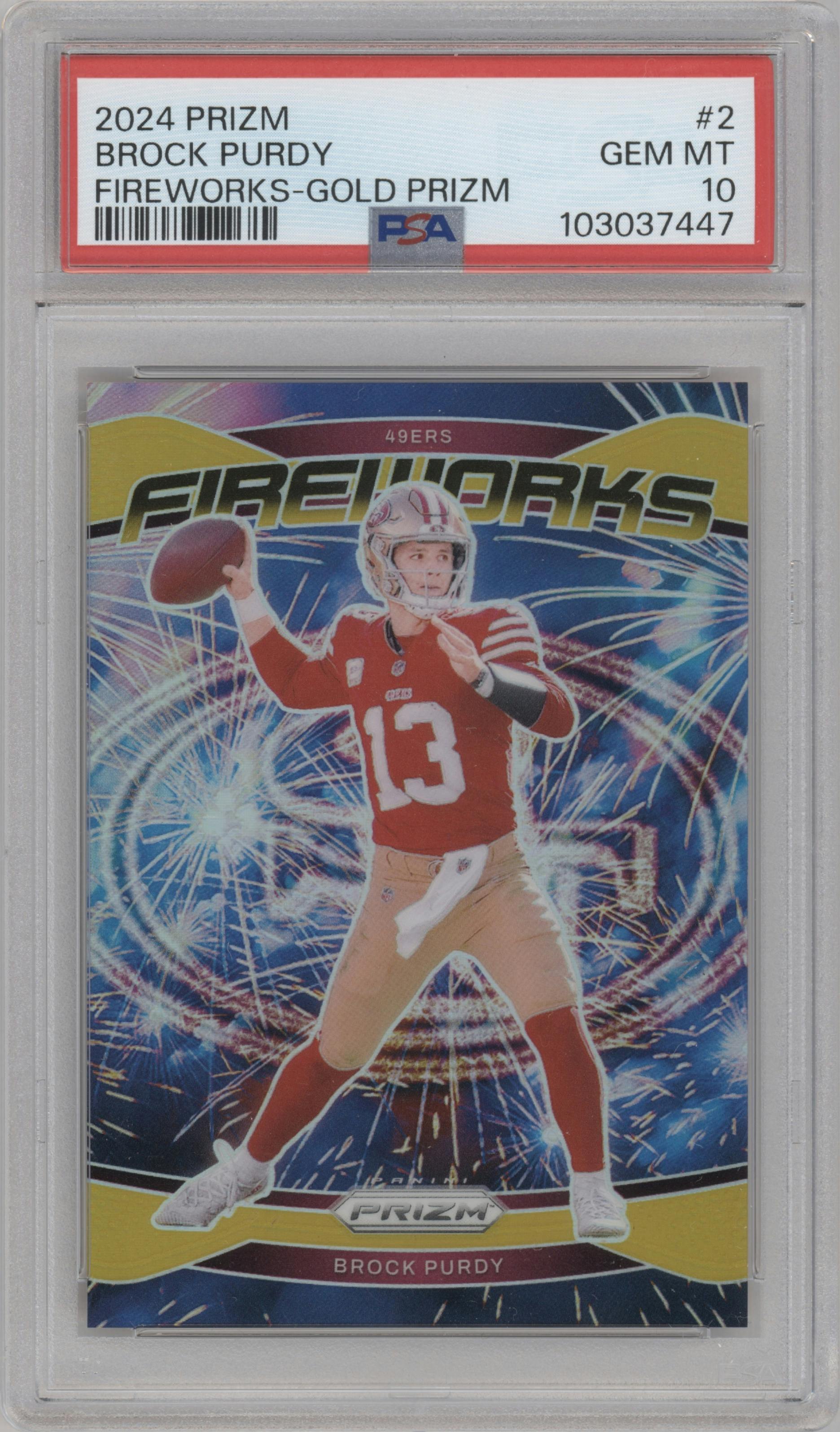 Brock Purdy from the 2024 Panini Prizm set featuring a Gold Prizm parallel graded by PSA and given an overall grade of 10.