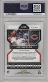 Justin Fields from the 2021 Panini Prizm set featuring a  Neon Green Pulsar parallel graded by PSA and given an overall grade of 10.