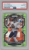 Justin Fields from the 2021 Panini Prizm set featuring a  Neon Green Pulsar parallel graded by PSA and given an overall grade of 10.