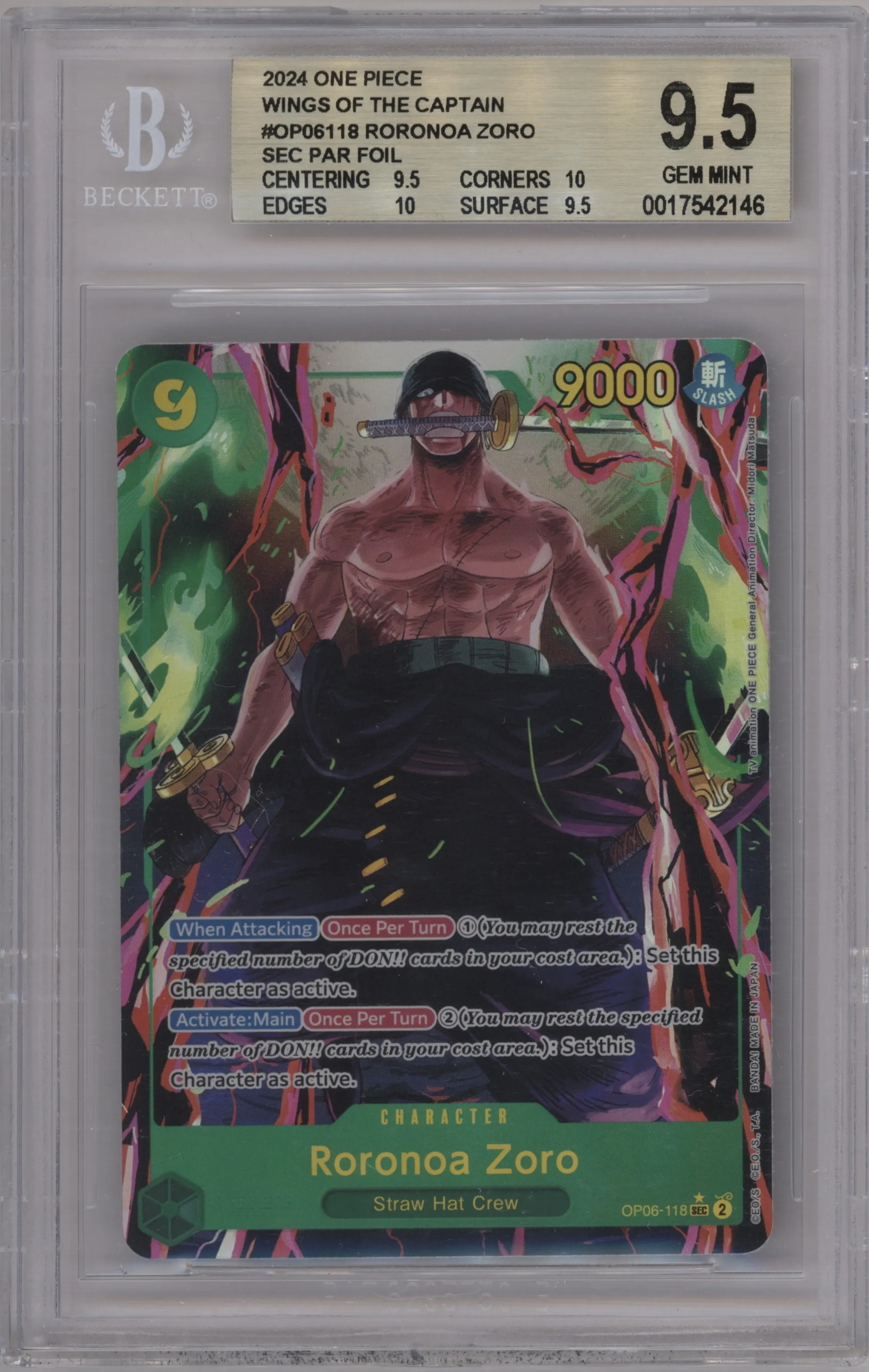 2024 One Piece Wings of the Captain Roronoa Zoro Alternate Art BGS 9.5