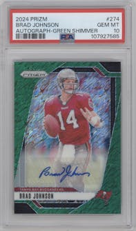 Brad Johnson from the 2024 Panini Prizm set featuring a Green Shimmer parallel graded by PSA and given an overall grade of 10.