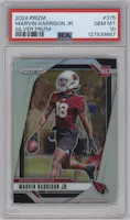 Marvin Harrison Jr. from the 2024 Panini Prizm set featuring a Silver Prizm parallel graded by PSA and given an overall grade of 10.