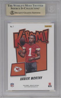 Xavier Worthy from the 2024 Panini Absolute set featuring a Gold parallel graded by Beckett and given an overall grade of 9.5.
