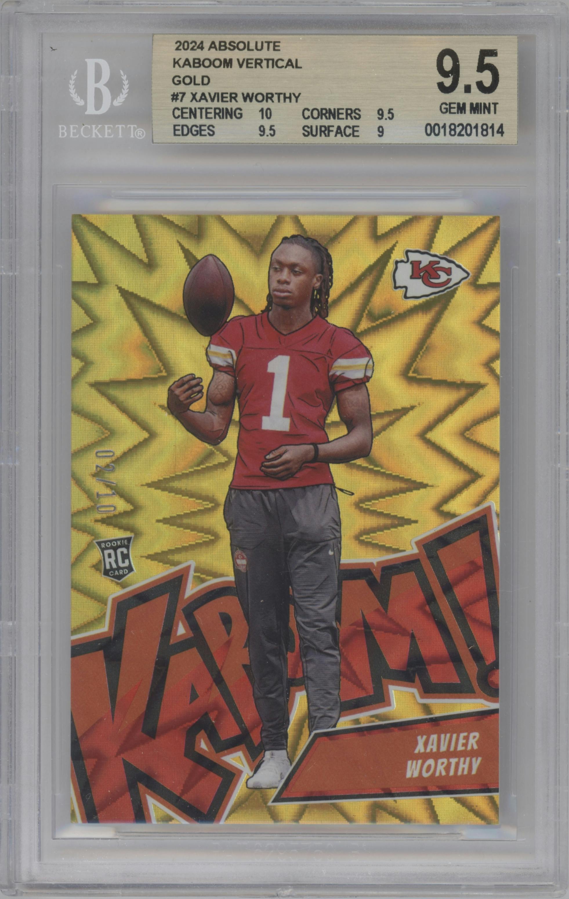 Xavier Worthy from the 2024 Panini Absolute set featuring a Gold parallel graded by Beckett and given an overall grade of 9.5.