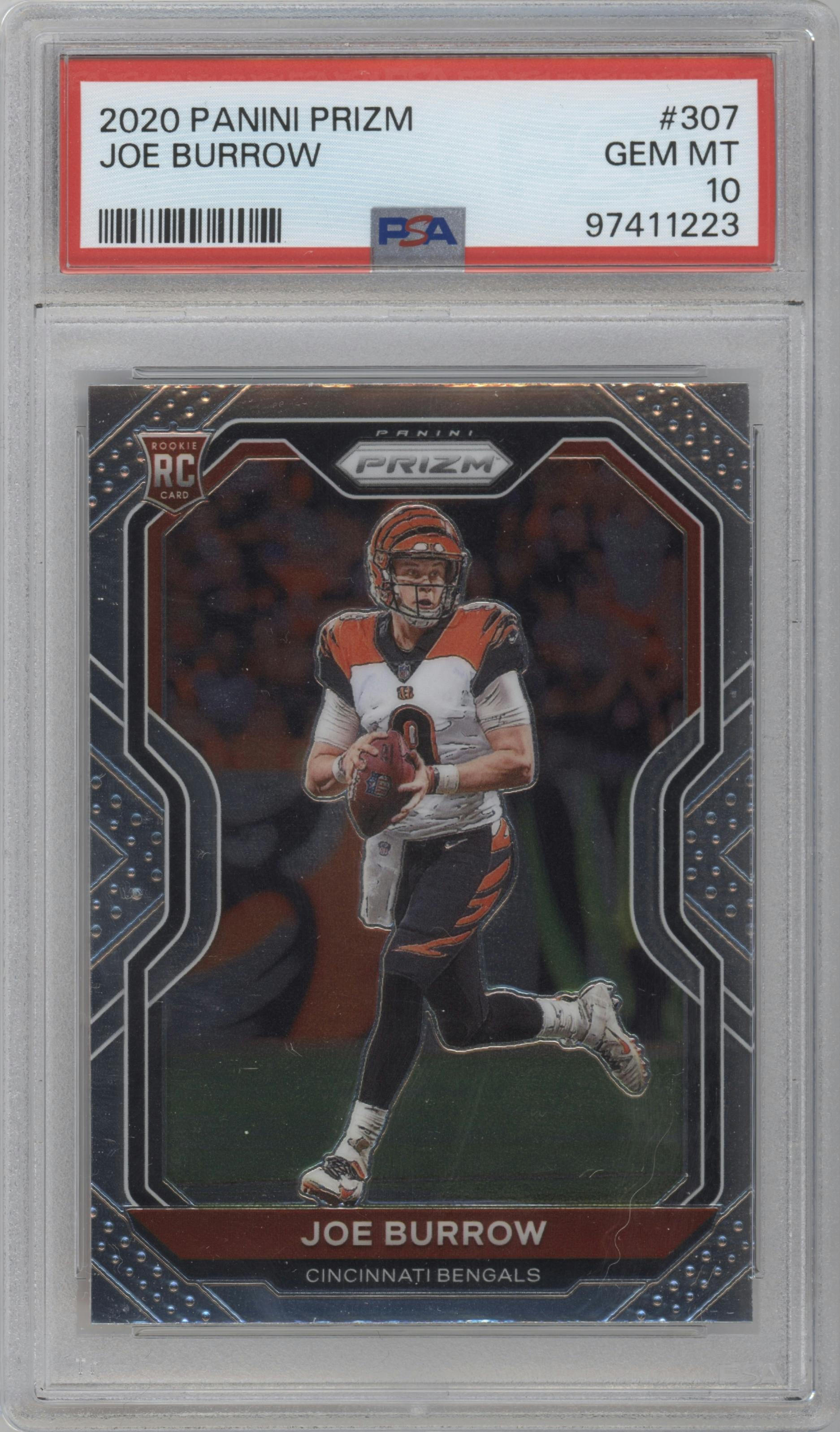 Joe Burrow from the 2020 Panini Prizm set graded by PSA and given an overall grade of 10.
