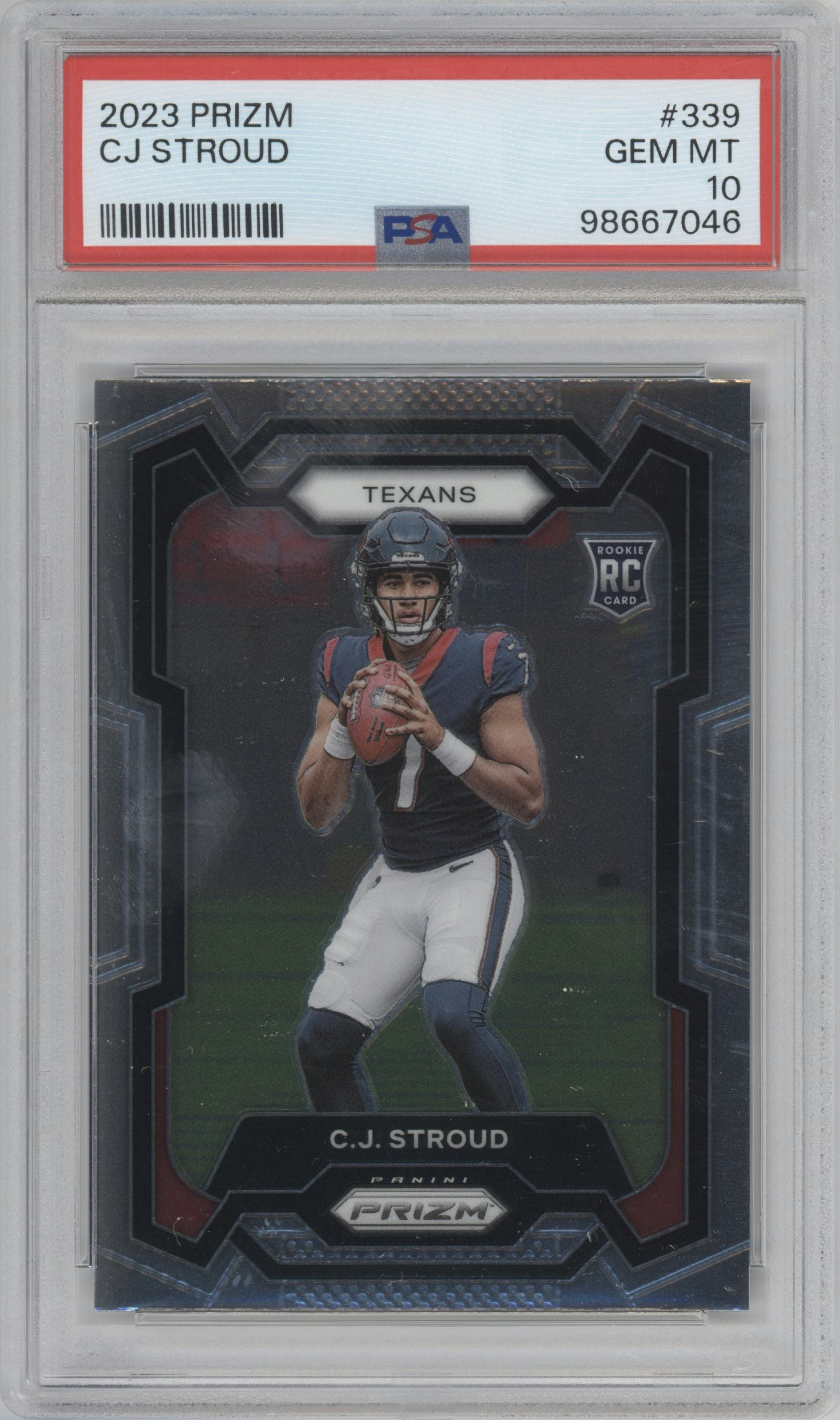 C.J. Stroud from the 2023 Panini Prizm set graded by PSA and given an overall grade of 10.