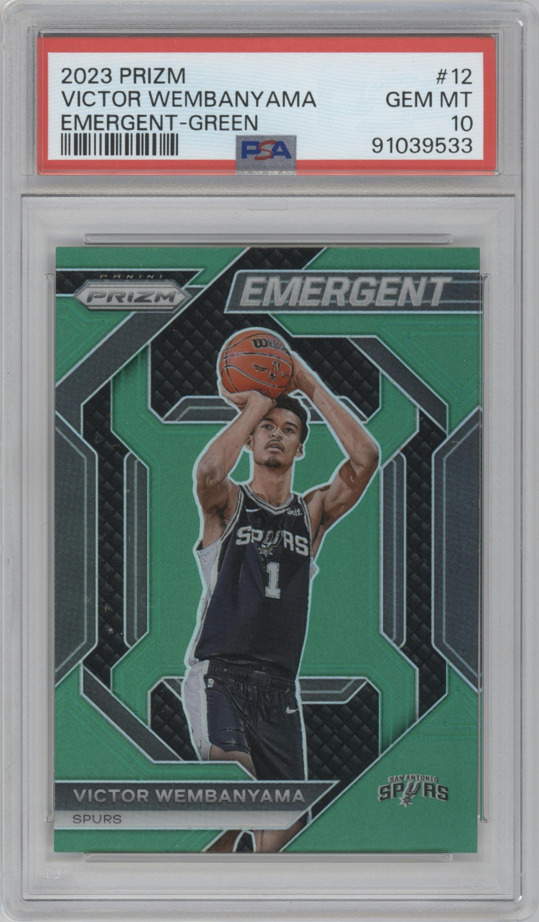 Victor Wembanyama from the 2023-24 Panini Prizm set featuring a Green Prizm parallel graded by PSA and given an overall grade of 10.
