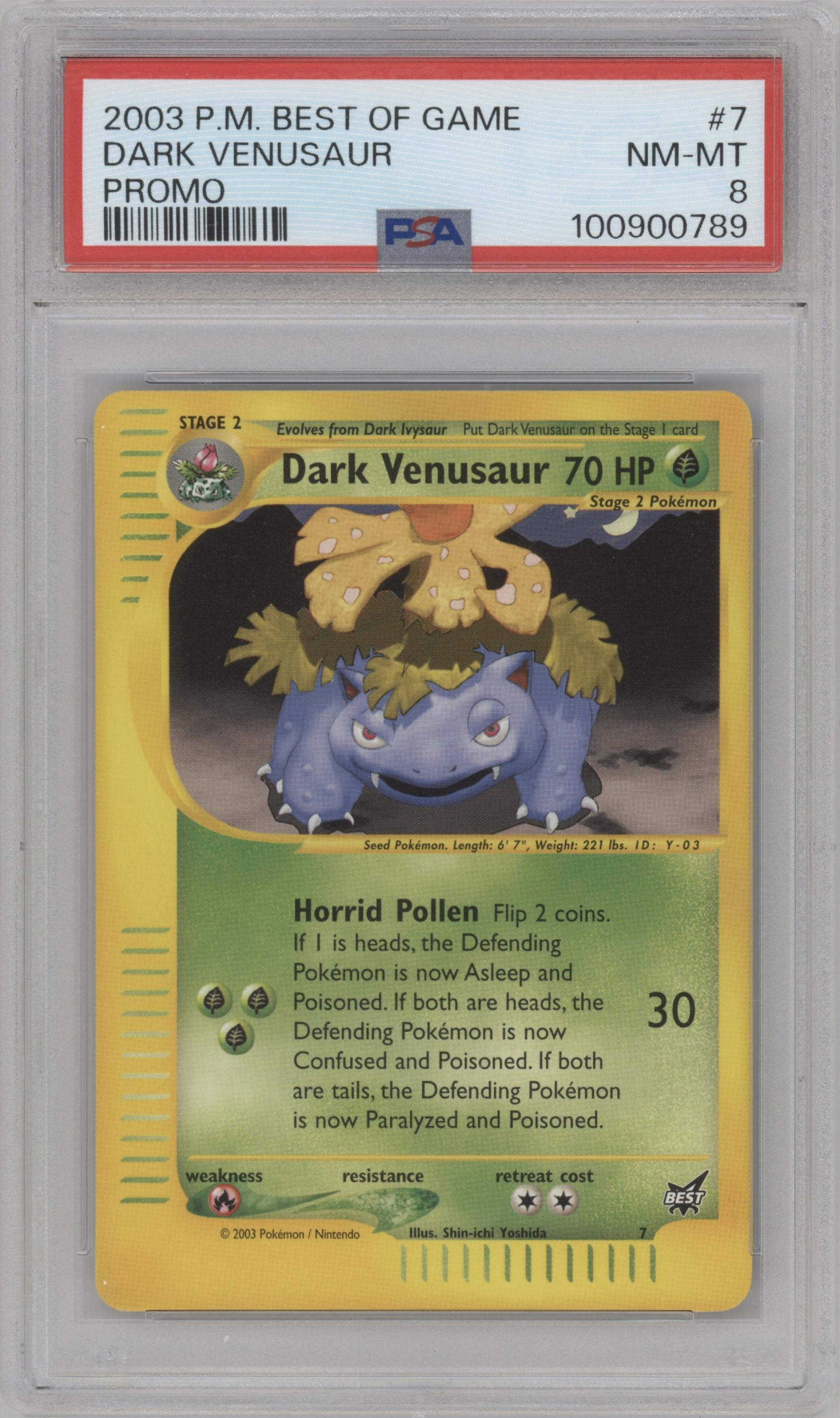 Dark Venusaur from the 2003 Pokemon set graded by PSA and given an overall grade of 8.