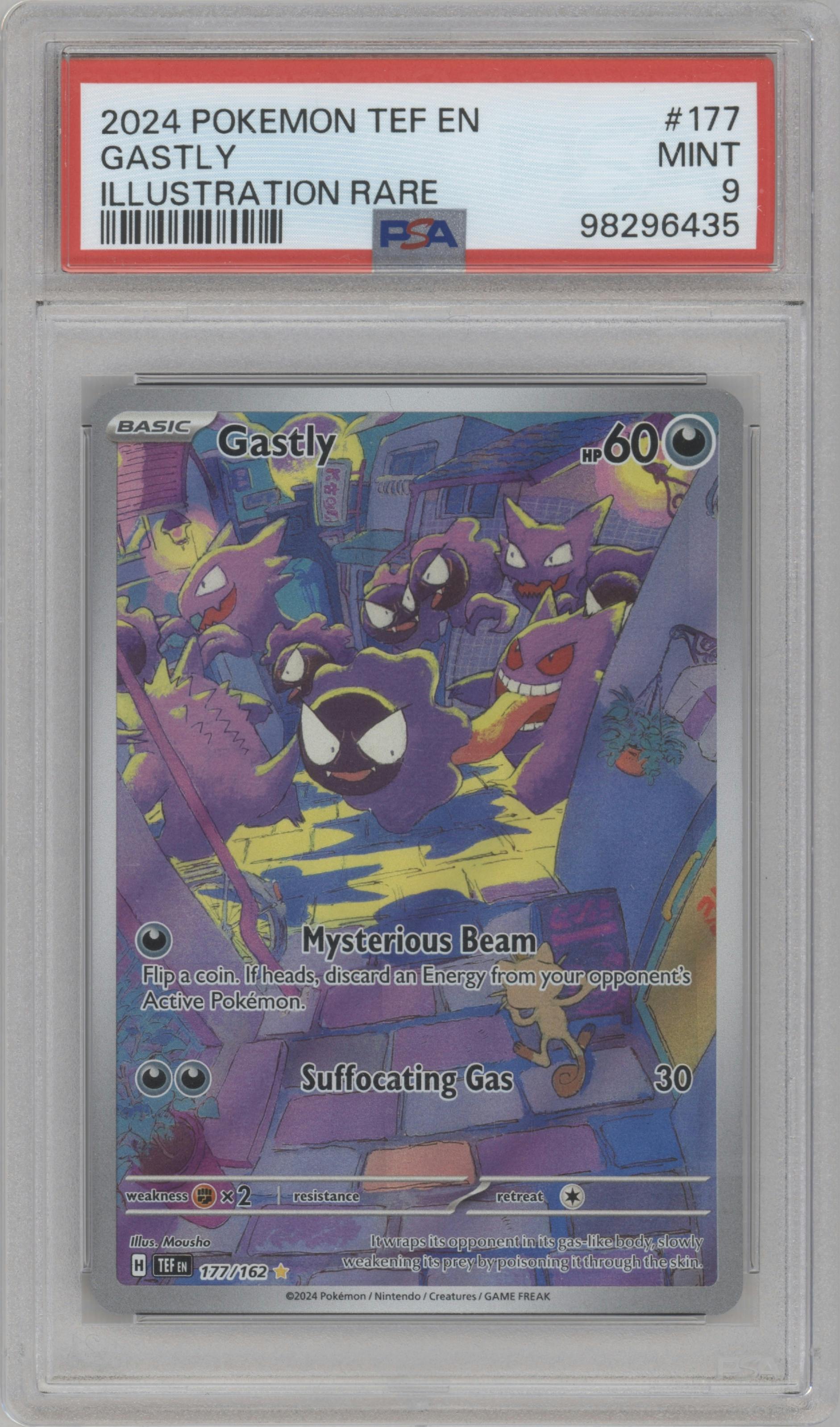 Gastly from the 2024 Pokemon SV set graded by PSA and given an overall grade of 9.