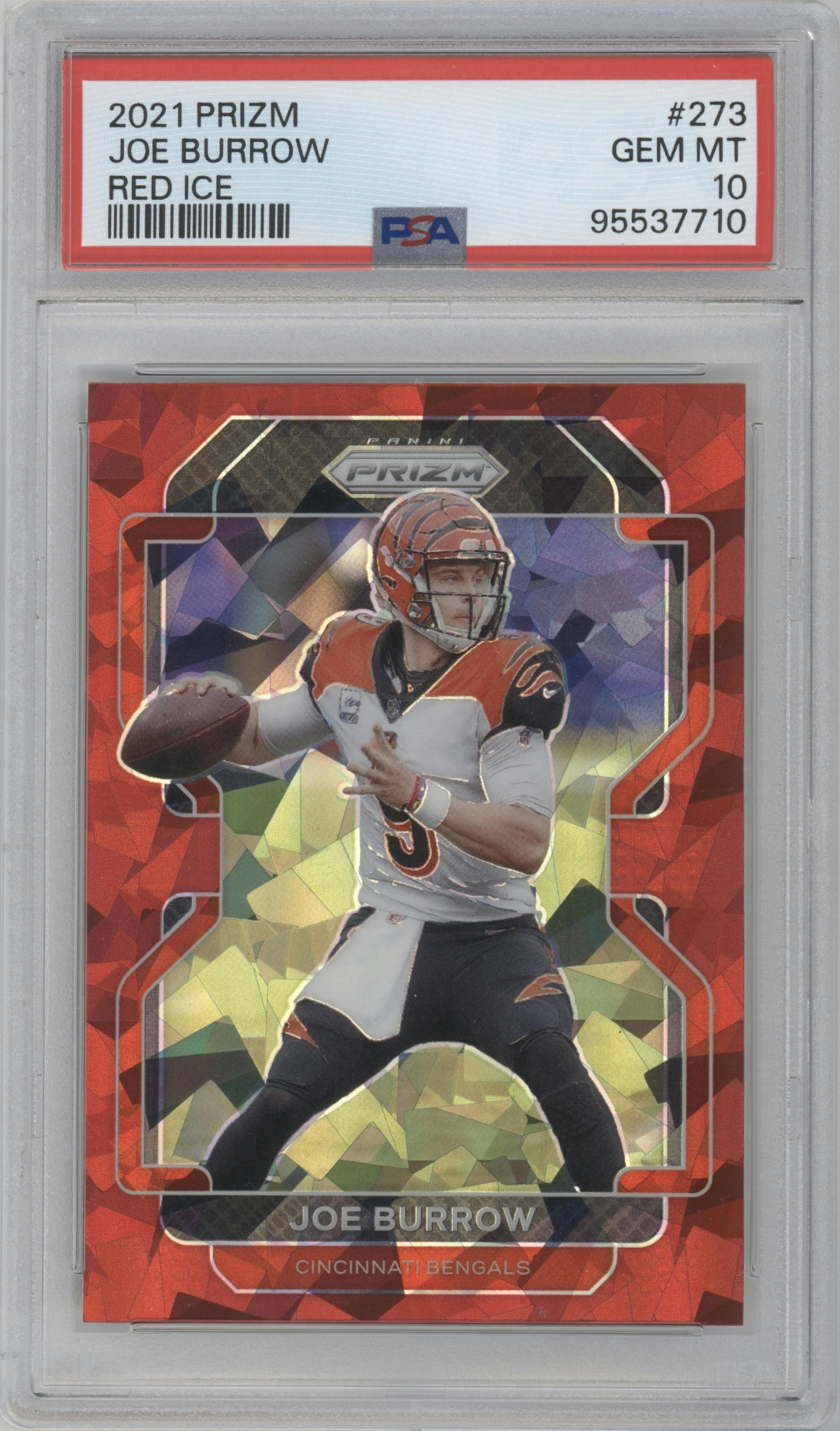 Joe Burrow from the 2021 Panini Prizm set featuring a Red Ice parallel graded by PSA and given an overall grade of 10.