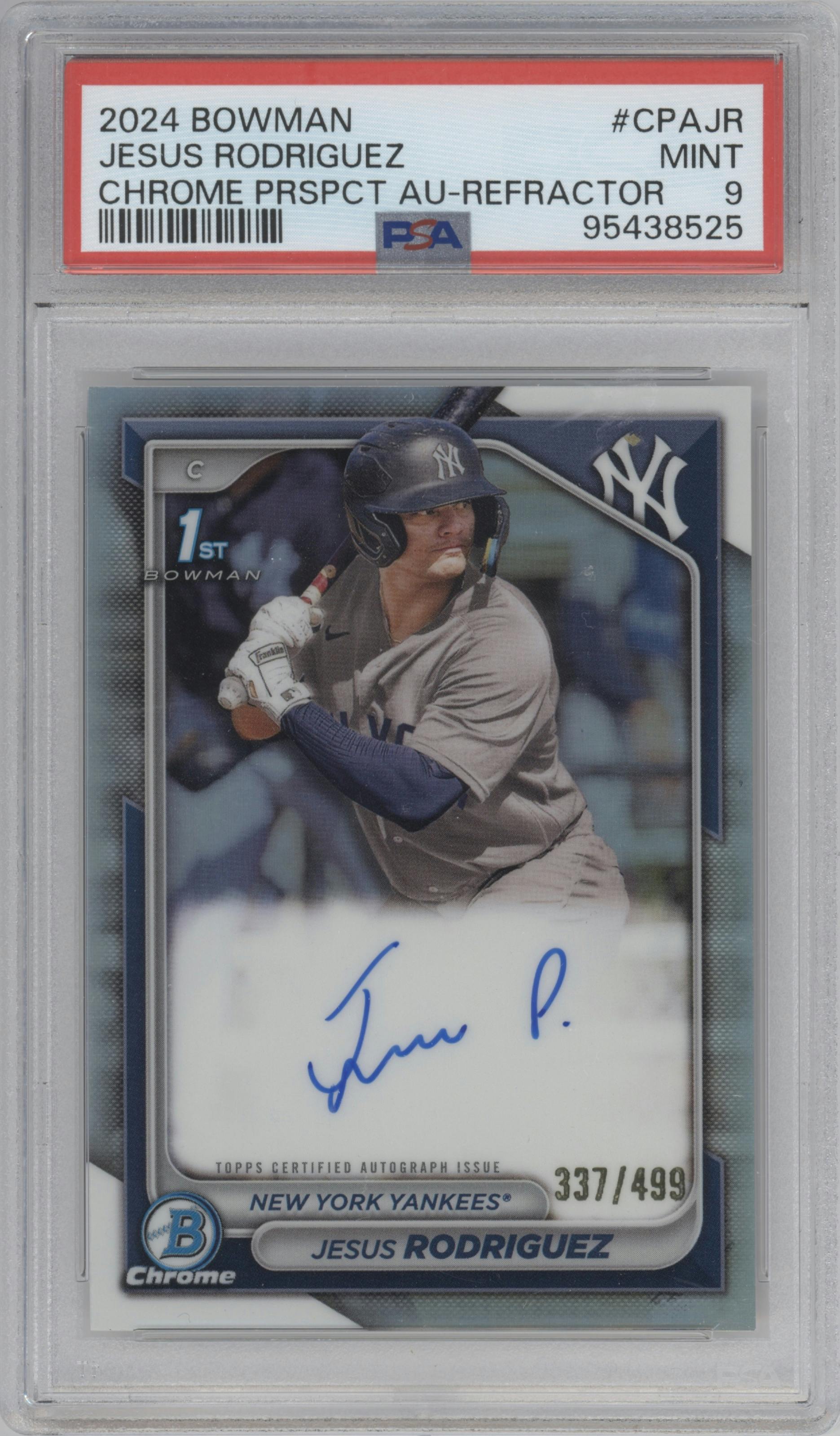 Jesus Rodriguez  from the 2024 Bowman set featuring a Refractor parallel graded by PSA and given an overall grade of 9.